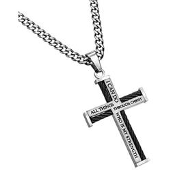 Spirit & Truth High Polished Stainless Steel Cable Cross Necklace with Firmly Mounted Highly Detailed Cables Christ My Strength Philippians 4:13