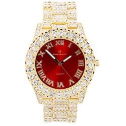 Fully Iced Mens Big Rocks Bezel Color Dial with Roman Numerals, Cuban Chain Bracelet, Cuban Necklace, Tennis Chain & Ring - ST10327CRNT