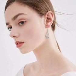 EVER FAITH Bridal Jewelry 925 Sterling Silver Art Deco Filigree Floral Hollow Drop Shaped Hook Earrings