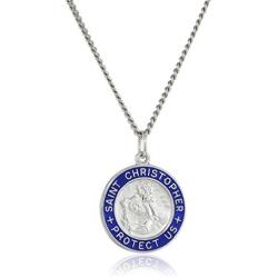 Amazon Collection Sterling Silver Round Saint Christopher Medal Pendant Necklace with Blue Epoxy Edge and Rhodium Plated Stainless Steel Chain, 20''