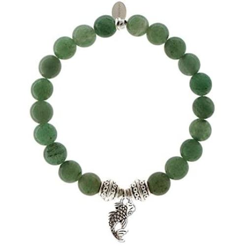 EvaDane Natural Green Aventurine Gemstone Tibetan Bead Koi Fish Charm Stretch Bracelet