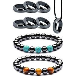LUMENAZE Genuine Magnetic Hematite Ring and Bracelet Set With FREE Rope Necklace, Natural Healing Power, Absorbs Negative Energy & Anxiety, Balance Root Chakra, Assorted Ring Size, Unisex Women Men