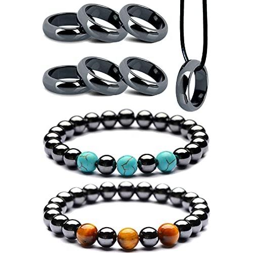 LUMENAZE Genuine Magnetic Hematite Ring and Bracelet Set With FREE Rope Necklace, Natural Healing Power, Absorbs Negative Energy & Anxiety, Balance Root Chakra, Assorted Ring Size, Unisex Women Men