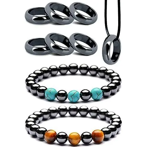 LUMENAZE Genuine Magnetic Hematite Ring and Bracelet Set With FREE Rope Necklace, Natural Healing Power, Absorbs Negative Energy & Anxiety, Balance Root Chakra, Assorted Ring Size, Unisex Women Men LUMENAZE Genuine Magnetic Hematite Ring and Bracelet Set With FREE Rope Necklace, Natural Healing Power, Absorbs Negative Energy & Anxiety, Balance Root Chakra, Assorted Ring Size, Unisex Women Men
