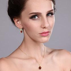 Gem Stone King 18K Yellow Gold Plated Silver Red Garnet Pendant Earrings Set For Women (7.20 Ct Oval with 18 Inch Chain)