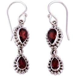NOVICA Garnet .925 Sterling Silver Teardrop Dangle Hook Earrings Halo of Beauty