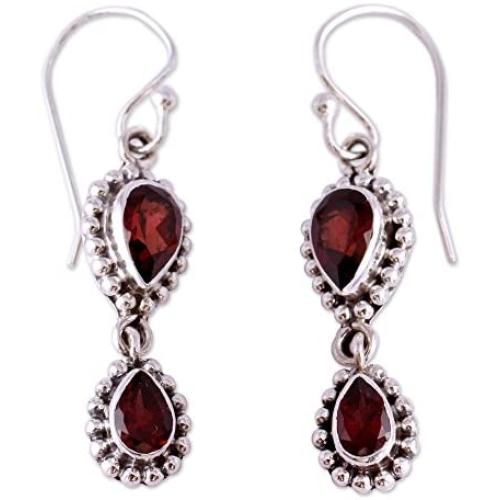 NOVICA Garnet .925 Sterling Silver Teardrop Dangle Hook Earrings Halo of Beauty