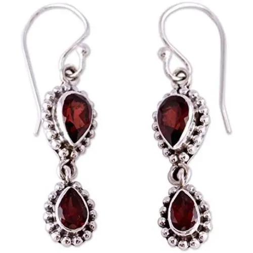 NOVICA Garnet .925 Sterling Silver Teardrop Dangle Hook Earrings Halo of Beauty
