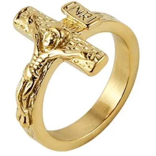HZMAN Vintage Stainless Steel Jesus Cross Band INRI Crucifix Ring Silver Gold HZMAN Vintage Stainless Steel Jesus Cross Band INRI Crucifix Ring Silver Gold