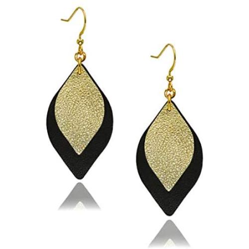 missaqua Leather Earrings Layered Metallic Genuine Leather Leaf Dangle Drop Earrings for Women