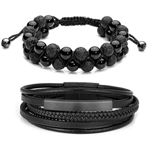 Jovivi 2 Pcs Bead Bracelet for Men Women Lava Rock Essential Oil Diffuser Bracelet Black Leather Natural Stone Beaded Bracelet Set Stainless Steel Cuff Bangle Adjustable