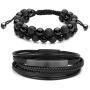 Jovivi 2 Pcs Bead Bracelet for Men Women Lava Rock Essential Oil Diffuser Bracelet Black Leather Natural Stone Beaded Bracelet Set Stainless Steel Cuff Bangle Adjustable