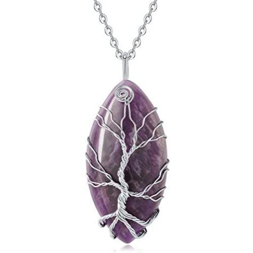 XIANNVXI Healing Crystal Stone Heart Pendant Necklace Tree of Life Wire Wrapped Necklaces Reiki Natural Gemstone Quartz Jewelry for Women