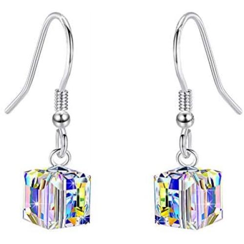 Swarovski Crystal Cube Drop Dangle Earrings for Women Fashion 14K Gold Plated Hypoallergenic Jewelry