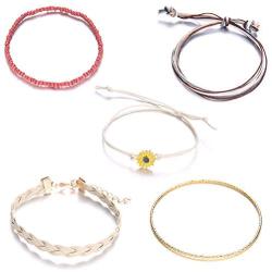 5pcs Sunflower Waterproof Braided Wax Rope Friendship Bracelets Set Seed Beads String Ocean Surfer Bangle Anklet for Women Girls Handmade Adjustable Boho Bohemian Jewelry -sunflower