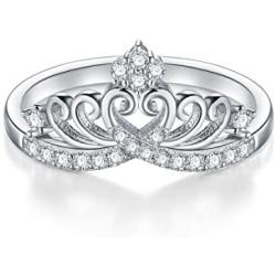 BORUO 925 Sterling Silver Cubic Zirconia Princess Crown Tiara Wedding Cz Band Eternity Ring 4-12