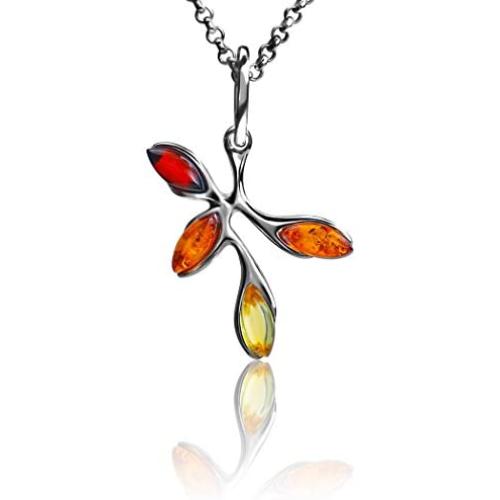 Multicolor Amber Sterling Silver Pendant Necklace Chain 18''