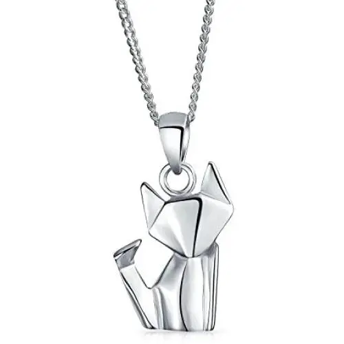 3D Small Origami Cat Kitten Kitty Pet Pendant Necklace For Women For Teen Polished 925 Sterling Silver