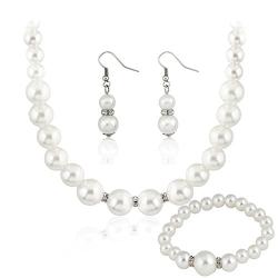 Danbihuabi Silver Plated Faux Pearl Necklace Earring wedding jewelry sets for brides'' (White1)