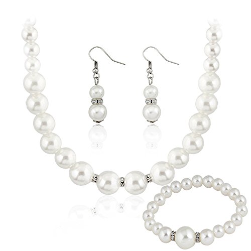 Danbihuabi Silver Plated Faux Pearl Necklace Earring wedding jewelry sets for brides'' (White1)