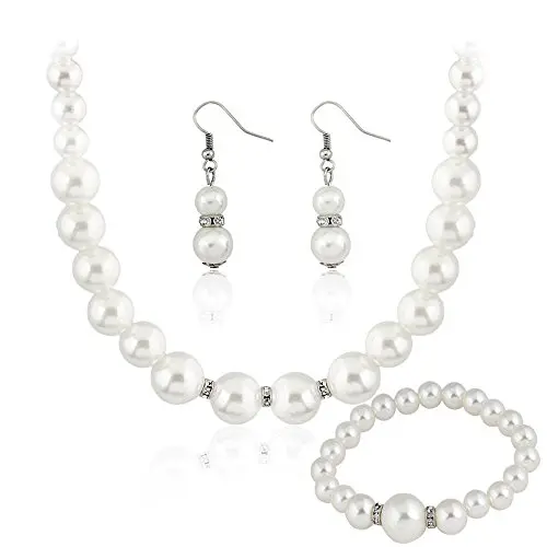 Danbihuabi Silver Plated Faux Pearl Necklace Earring wedding jewelry sets for brides'' (White1)