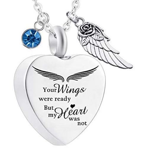 Cremation Urn Necklace for Angel Wings with 12 Birthstones Heart Memorial Keepsakes Pendant Ashes Jewelry-Your Wings were Ready My Heart was Not