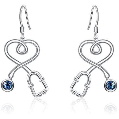 AOBOCO S925 Nurse Earrings Sterling Silver Fishhook Stethoscope Drop Earrings with Blue Crystal,Jewelry Gift for Doctor Nurse