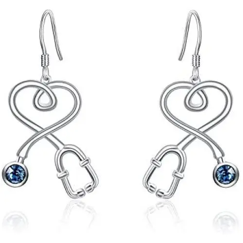 AOBOCO S925 Nurse Earrings Sterling Silver Fishhook Stethoscope Drop Earrings with Blue Crystal,Jewelry Gift for Doctor Nurse AOBOCO S925 Nurse Earrings Sterling Silver Fishhook Stethoscope Drop Earrings with Blue Crystal,Jewelry Gift for Doctor Nurse