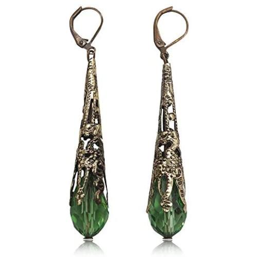 D.Rosse Indian Ethnic Vintage Silver Crystal Teardrop Dangle Drop Earrings Boho Gypsy Retro Rhinestone Hook Earrings for Girls and Women Love Gift
