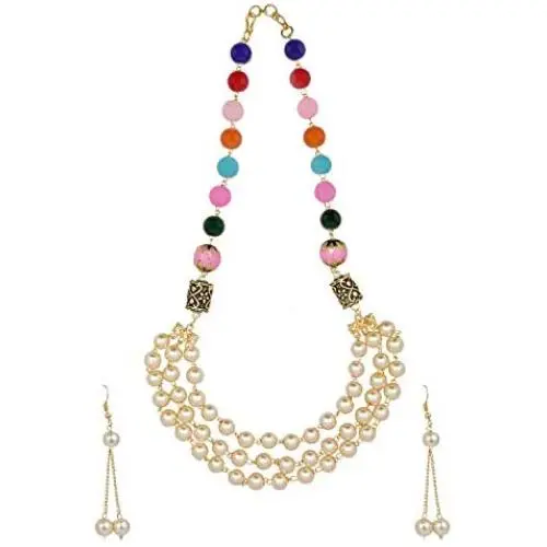 Efulgenz Indian Bollywood Multi Layered Faux Pearl Beads Bridal Strand Necklace Earrings Wedding Jewelry Set (Color Options)