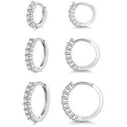 3 Pairs Silver Hoops Earrings for Women Girls, Hypoallergenic Cubic Zirconia Small Cartilage Huggie Earring Set(8/10/12mm)