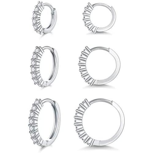 3 Pairs Silver Hoops Earrings for Women Girls, Hypoallergenic Cubic Zirconia Small Cartilage Huggie Earring Set(8/10/12mm)