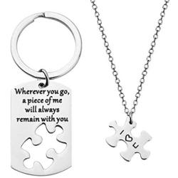 Zuo Bao Puzzle Matching Necklace Keychain Set Wherever You Go A Piece of Me Will Always Remain with You Dog Tag Keychain with Puzzle Necklace Gift for Her Husband Gift