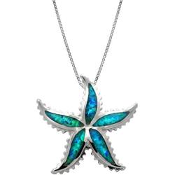 Honolulu Jewelry Company Sterling Silver Starfish Necklace Pendant with Simulated Blue Opal and 18'' Box Chain