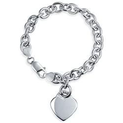 Bling Jewelry Personalized Engrave Solid Heart Shape Charm Tag Bracelet for Women Teen 7.5 8 Inch 925 Sterling Silver Heavy Rolo Chain