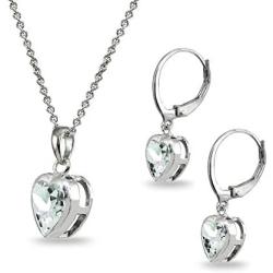 Sterling Silver Genuine or Synthetic Gemstone Heart Bezel Necklace & Dangle Earrings Set
