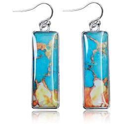D.Rosse Unique Indian Ethnic Turquoise Square Dangle Drop Earrings Boho Gypsy Retro Colorful Geometric Bar Vintage Silver Hook Earrings for Women Girls