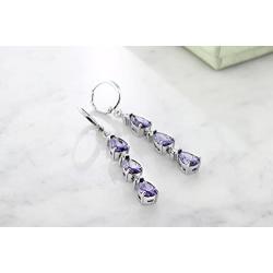 Gem Stone King 7 Inch Purple and White CZ Bracelet Set With Matching 2 Inch Pear shape Dangle Earrings