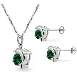 Sterling Silver Genuine or Synthetic Gemstone Round-Cut Dolphin Animal Dainty Pendant Necklace & Stud Earrings Set