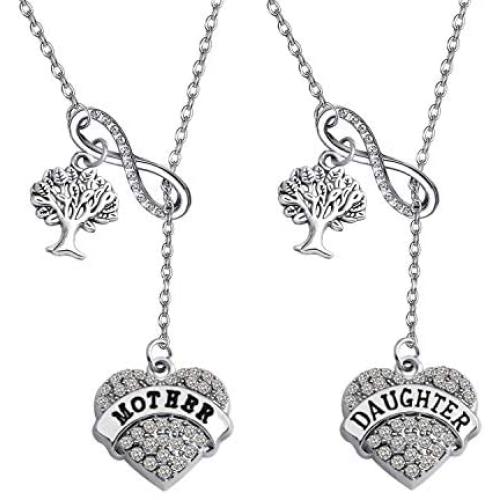 WUSUANED Mother and Daughter Heart Family Tree Pendant Infinity Lariat Y Necklace Set Mommy and Me Jewelry Gift for Mom and Daughter