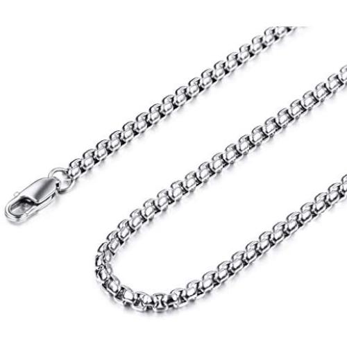 MOWOM Silver Color Mens Chain Necklace for Women Men Boys Girls Kids Water Resistant Stainless Steel Rolo Cable Popcorn Chain Wheat Link Necklace Jewelry Gifts