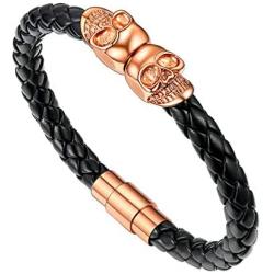 U7 Braided Leather Bracelet for Men Women Gothic Punk Jewelry Stainless Steel Twin Skull Skelton Head Design Bangle with Magnetic Clasp, 7.5 Inch or 8.3 INch