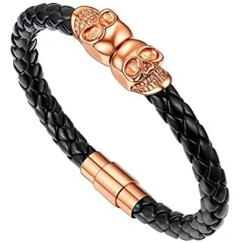 U7 Braided Leather Bracelet for Men Women Gothic Punk Jewelry Stainless Steel Twin Skull Skelton Head Design Bangle with Magnetic Clasp, 7.5 Inch or 8.3 INch