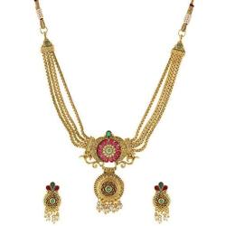 Aheli Beautiful Gold Tone Bollywood Party Wear Ethnic Festive Wedding Pendant Necklace Set Indian Traditional Fashion Jewelry for Women