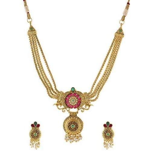 Aheli Beautiful Gold Tone Bollywood Party Wear Ethnic Festive Wedding Pendant Necklace Set Indian Traditional Fashion Jewelry for Women