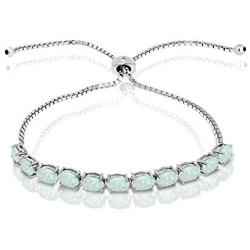 Sterling Silver Genuine, Created or Simulated Gemstone 6x4mm Oval-Cut Adjustable Tennis Bracelet