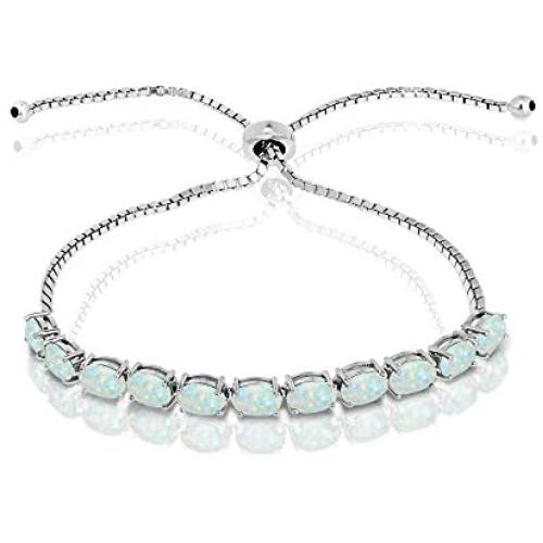Sterling Silver Genuine, Created or Simulated Gemstone 6x4mm Oval-Cut Adjustable Tennis Bracelet