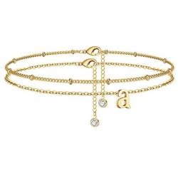 MONOZO Ankle Bracelets for Women, 14k Gold Filled Layered Initial Anklet for Women Dainty Alphabet Letter Charm Beach Ankle Bracelets for Teen Girls