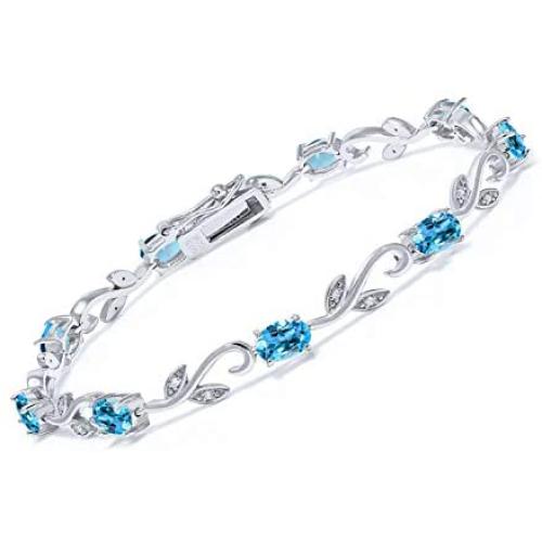 Gem Stone King 925 Sterling Silver Swiss Blue Topaz and Diamond Greek Vine Tennis Bracelet, 4.63 Cttw, 7 Inch