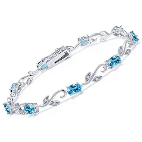 Gem Stone King 925 Sterling Silver Swiss Blue Topaz and Diamond Greek Vine Tennis Bracelet, 4.63 Cttw, 7 Inch